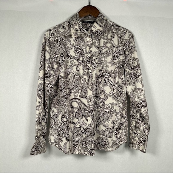 Jones New York Dark Brown and White Paisley Women’s Shirt with Striped Cuffs - Picture 1 of 11